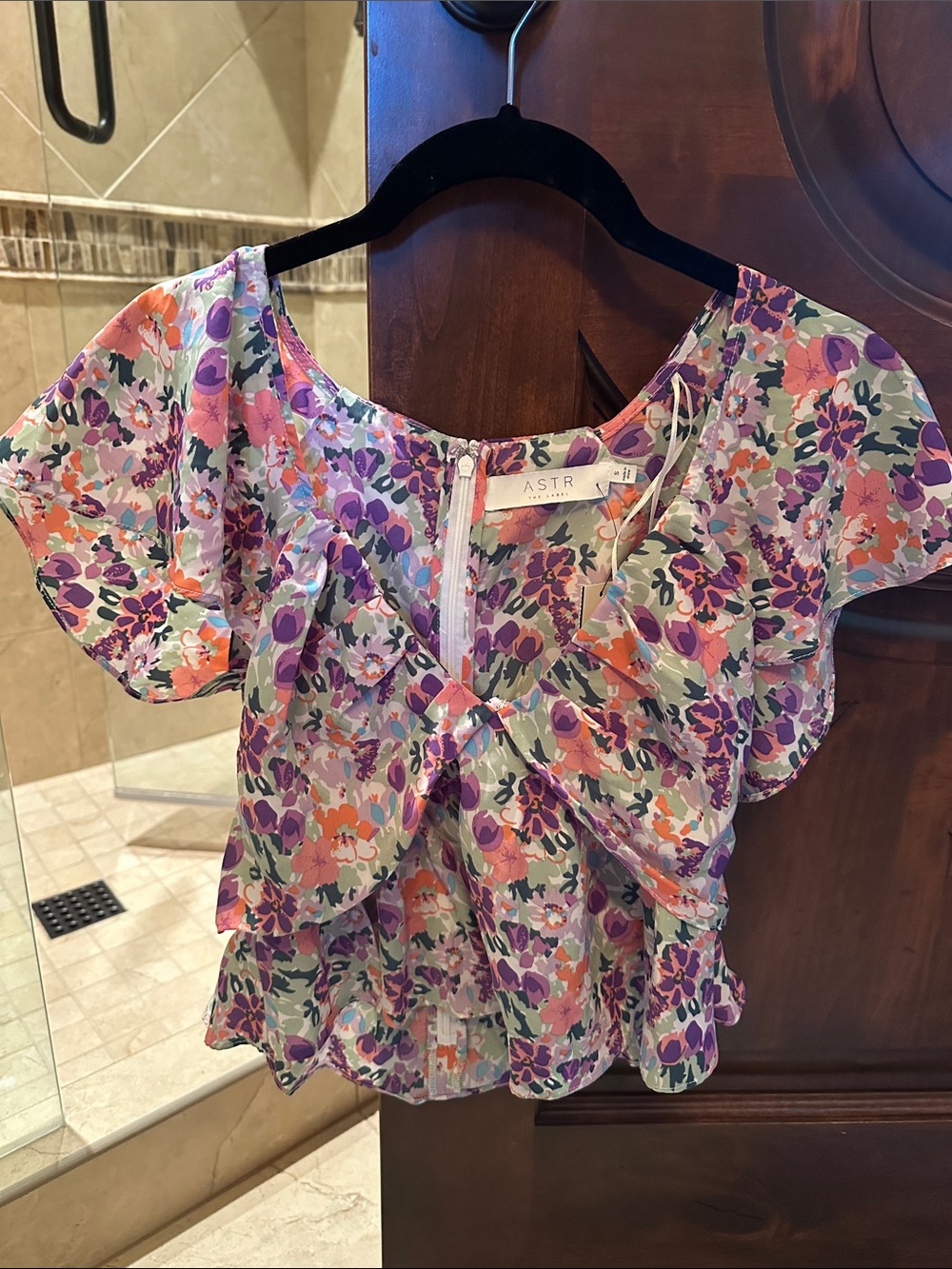 Astr Lavender Multi Floral Tie-Front Peplum Blouse